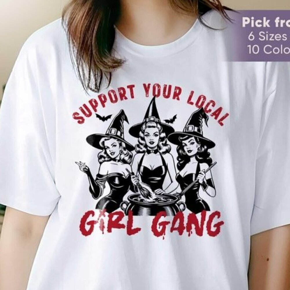 Retro Witches Pin Up Halloween Girl Gang Graphic Unisex T-Shirt